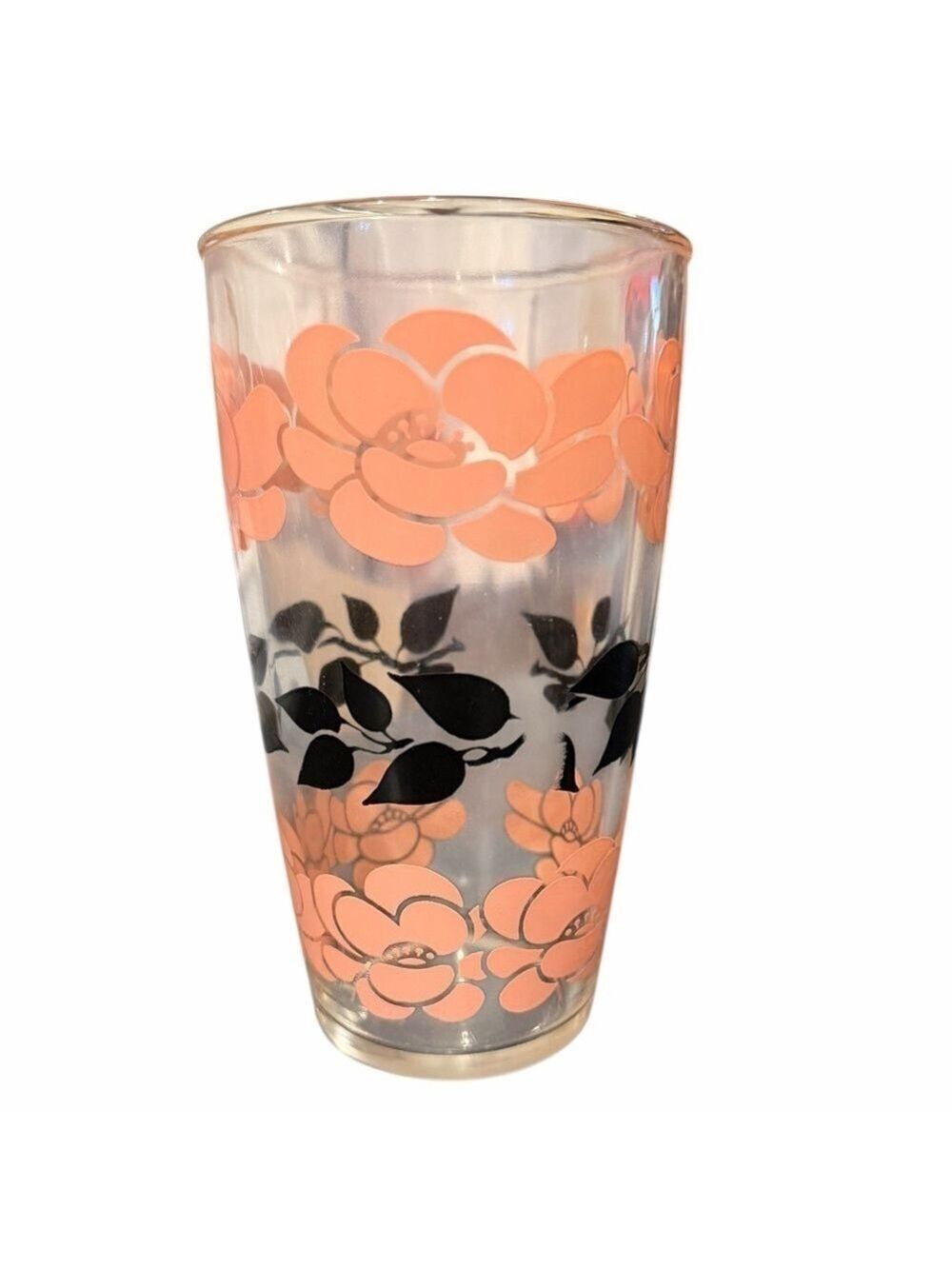 MCM 1950’s Hazel Atlas 6.5” Drinking Glass Pink Black Floral EC